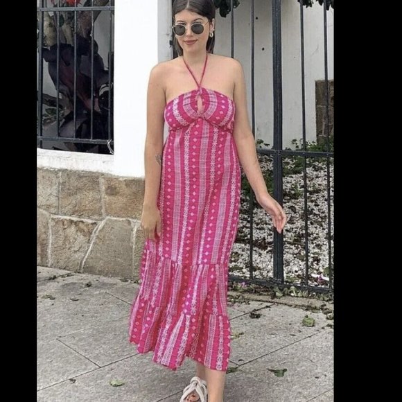 ZARA OPENWORK EMBROIDERED EYELET MIDI HALTER DRESS PINK XS,S,M,L NWT - Picture 13 of 13